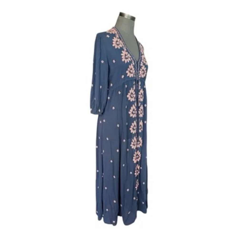 Free People Women's Blue Pink Embroidered Boho Maxi Dress XS V-Neck NWT $168 - Picture 7 of 11